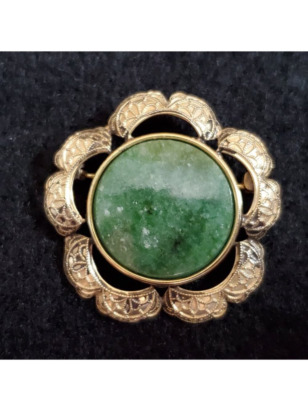 Vintage Gold Filled Brooch Green Stone Floral Etched 1.25" READ